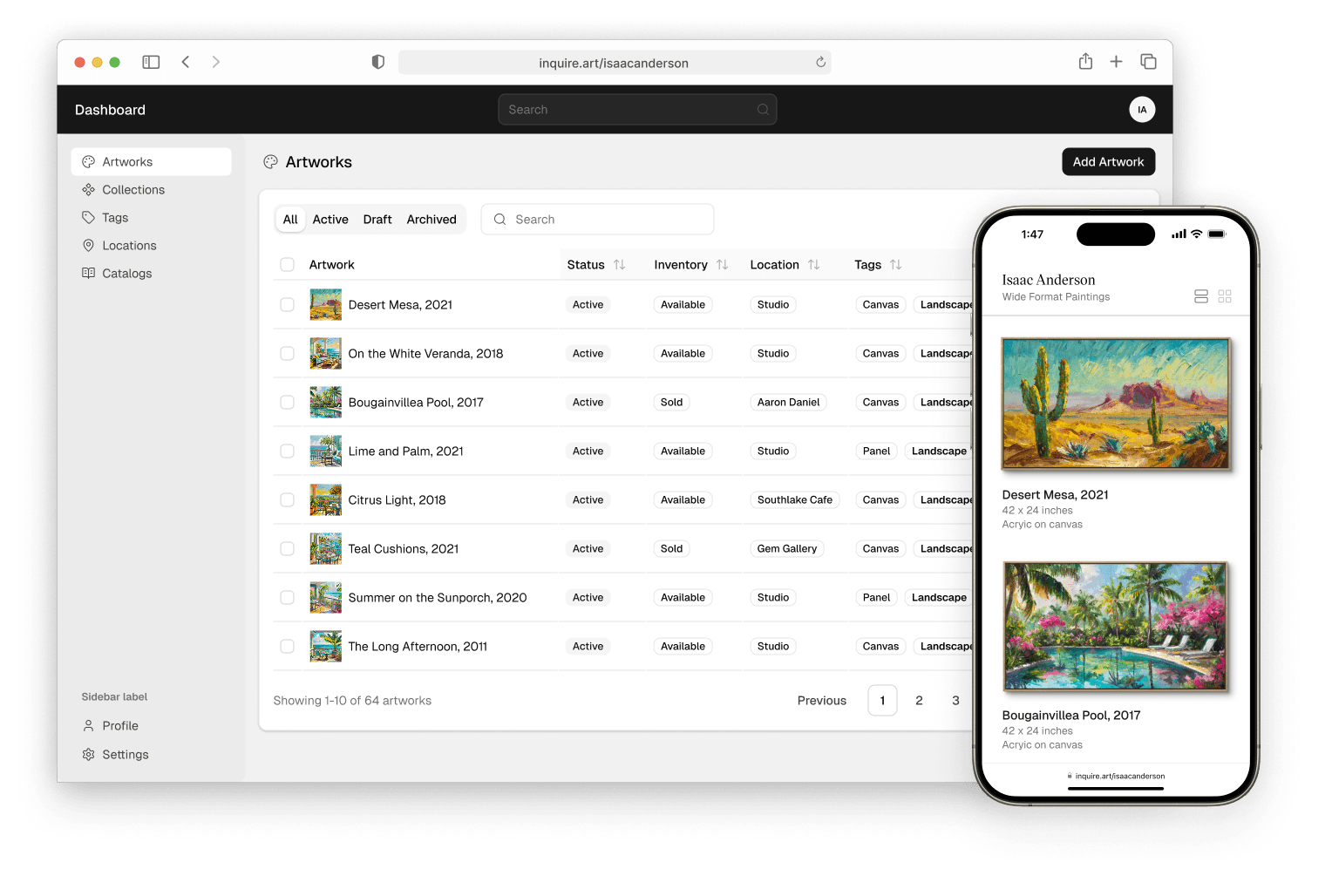 Inquire — modern art catalog dashboard
