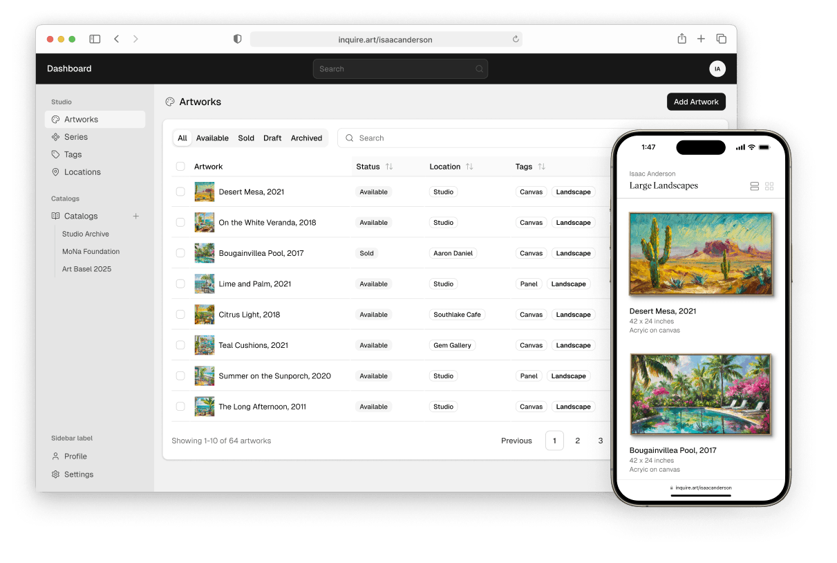 Inquire — modern art catalog dashboard