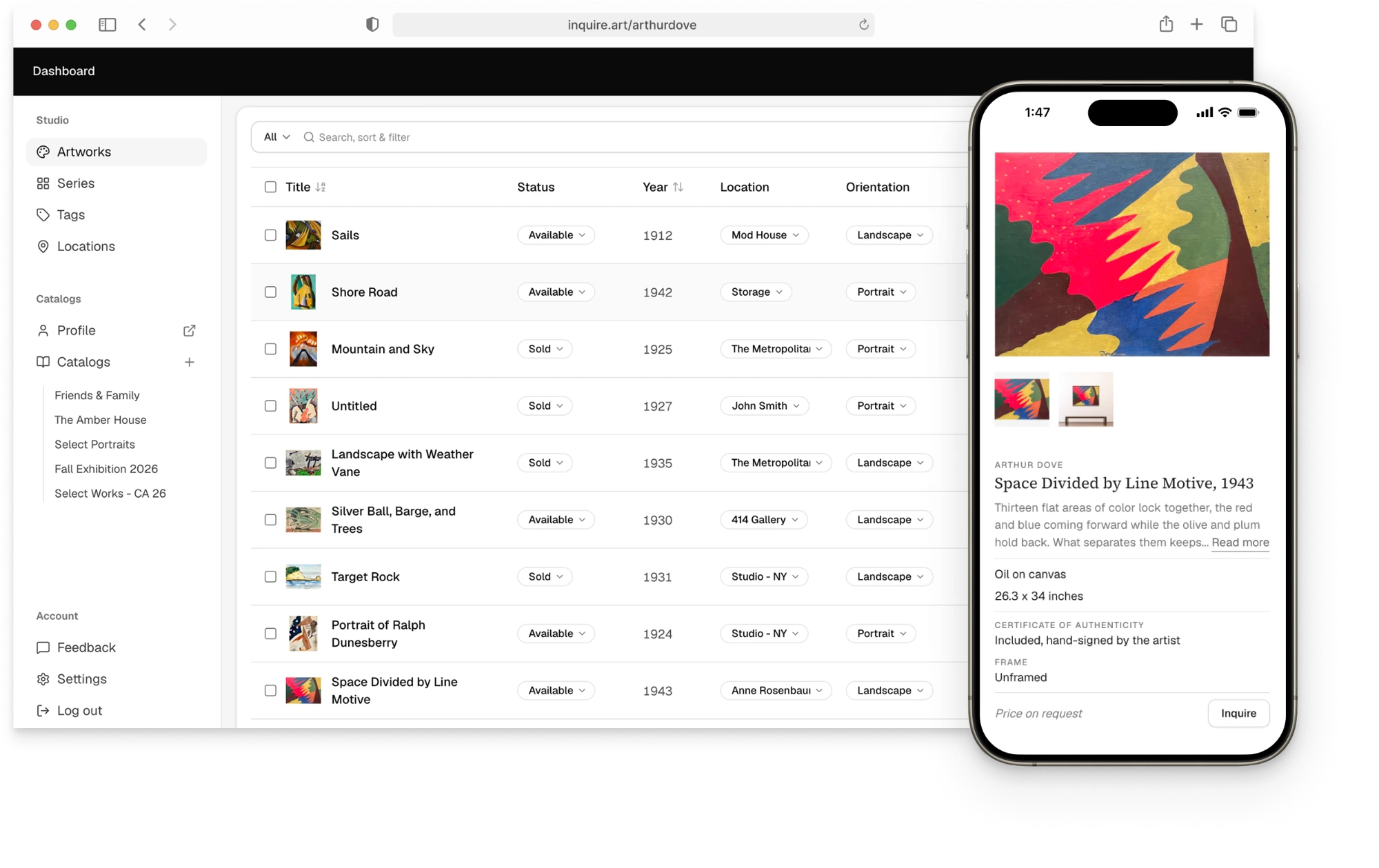 The Inquire dashboard listing Arthur Dove's artworks with their status, year and location, beside a phone showing the public page for one of them with a Price on request label and an Inquire button